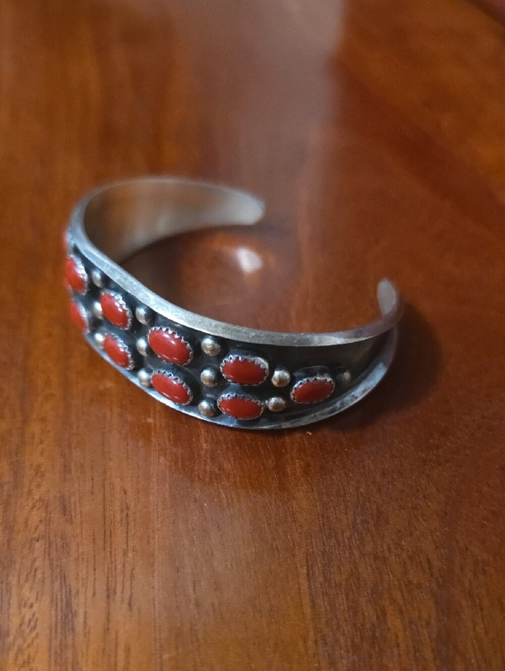 Sterling Silver Red Coral Cabochon Cuff Bracelet - Picture 3 of 5